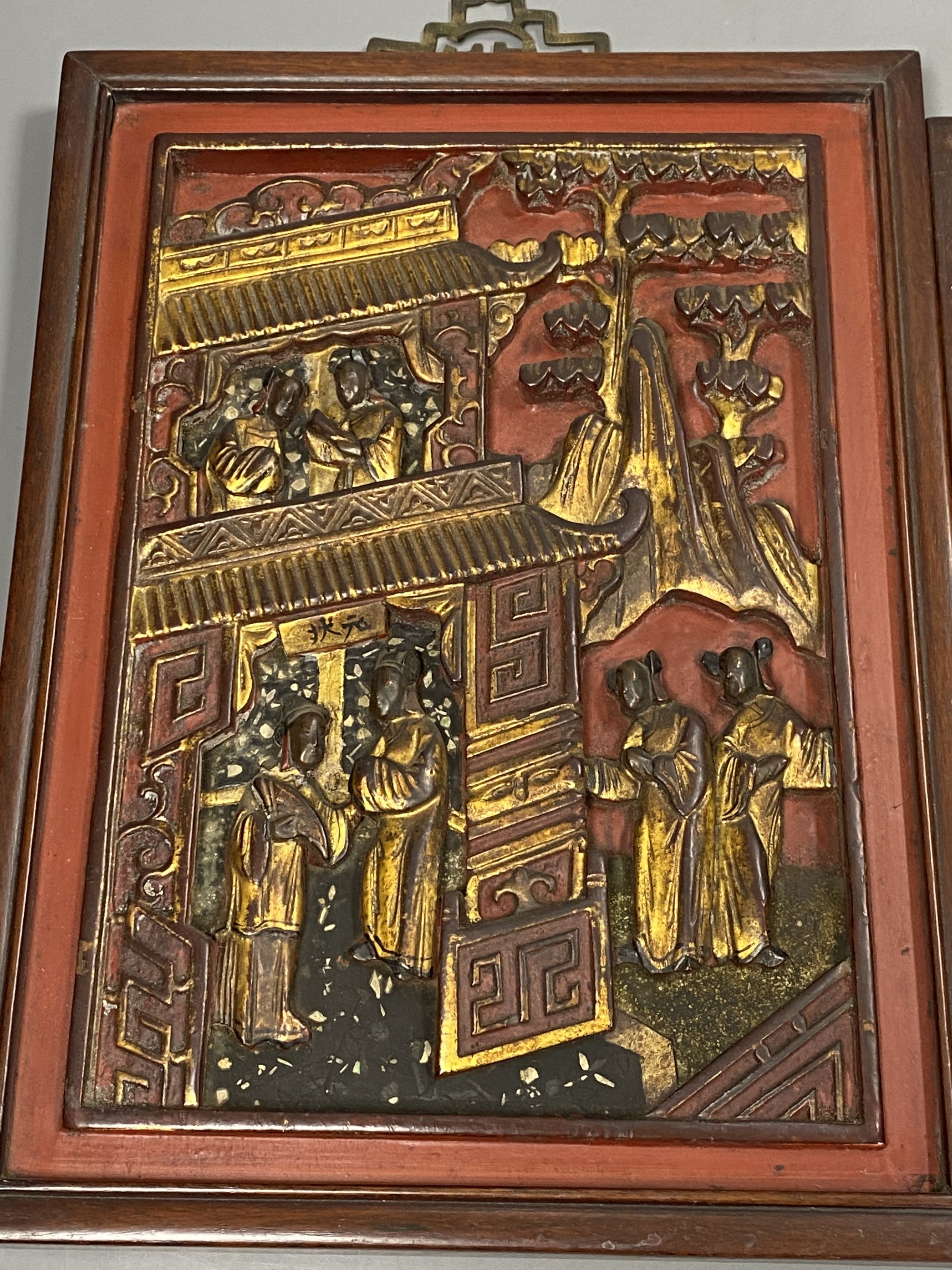 Two Chinese lacquered wood panels, late Qing dynasty